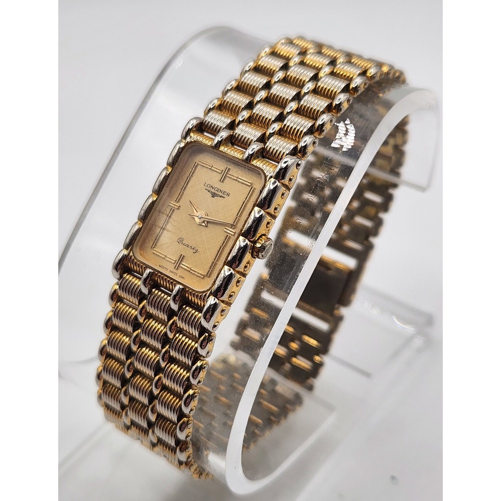 Longines Quartz Watch Womens 6 Gold Two Tone Rectangular CMZ 5713 Vintage 90s